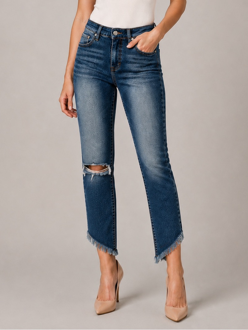Lanca Perfume Diana Jeans 36 Distressed US 4 Raw Frayed Hem Skinny Stretch Denim